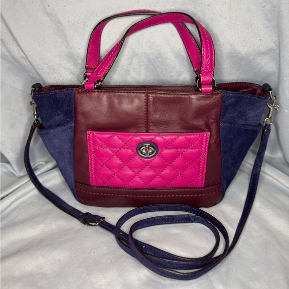 Coach Colorblock Satchel F1820 | Burgundy Leather & Blue Suede - Picture 1 of 7